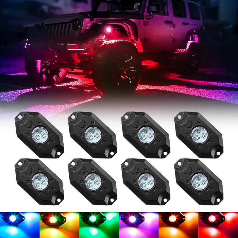 Roxmad 8 PCS RGB LED Rock Lights Wireless Bluetooth Music Flashing Multi Color