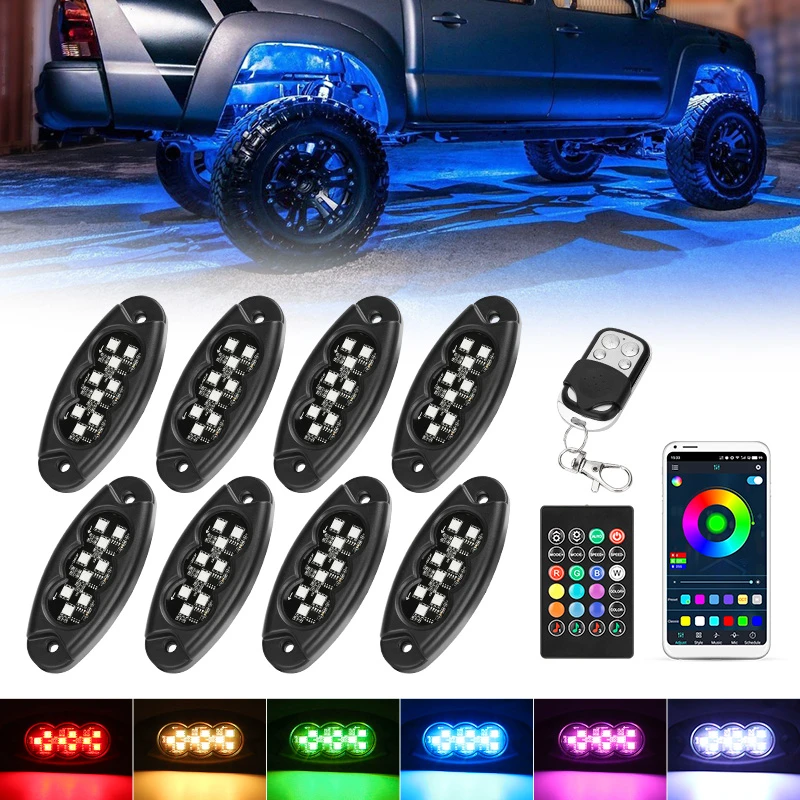 Roxmad 8 Pcs RGB Universal LED Rock Lights With Bluetooth APP And Remote Control
